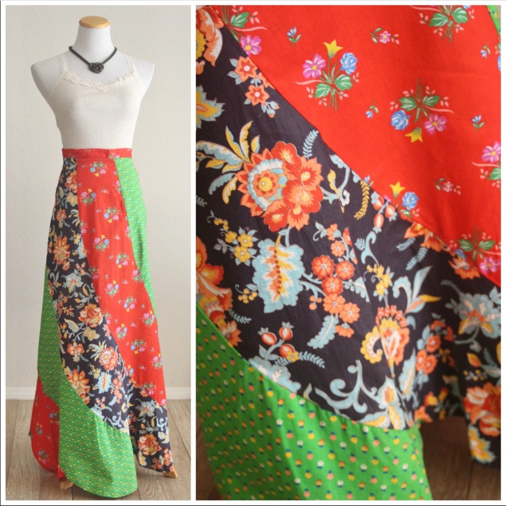 Vintage 70s Patchwork Pinwheel Calico Print Maxi Skirt Ethnic Boho RT Jr xxs